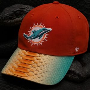 47 Python Clean Up Adjustable Cap – Orange Dolphins Hat with Exotic Leather Brim