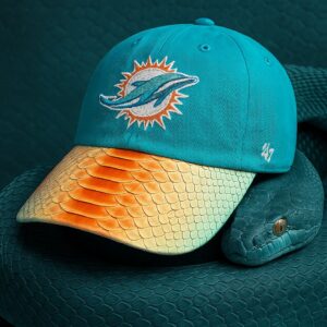 47 Python Clean Up Adjustable Cap – Aqua Miami Dolphins Hat with Exotic Leather Brim