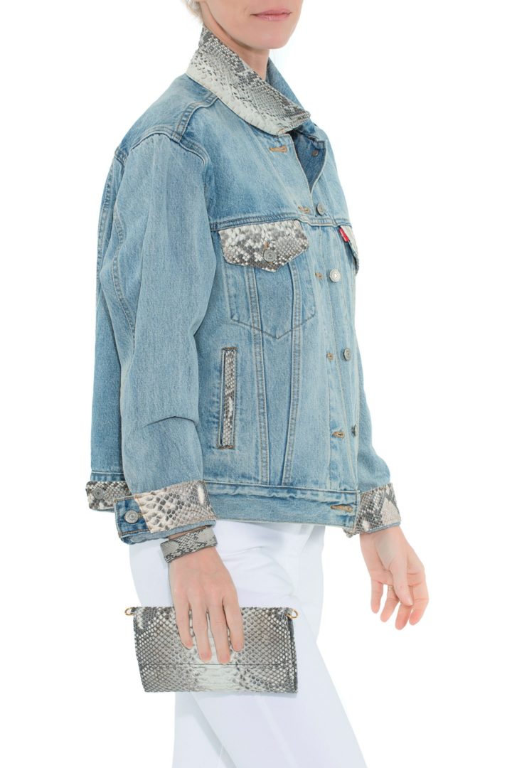 Levi’s® Trucker Jacket embellished with Florida Everglades Burmese Python in Natural. We call her “Bonnie” ! - Image 3