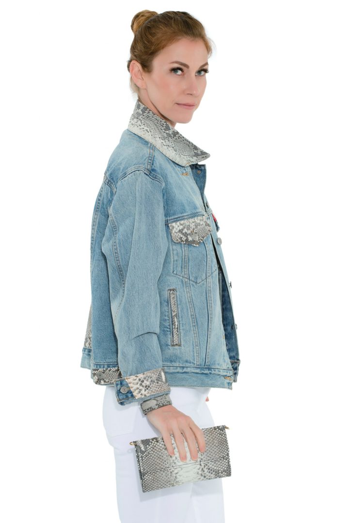 Levi’s® Trucker Jacket embellished with Florida Everglades Burmese Python in Natural. We call her “Bonnie” !