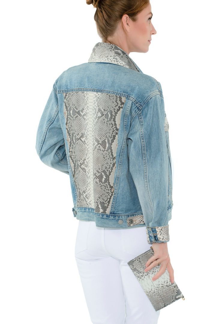 Levi’s® Trucker Jacket embellished with Florida Everglades Burmese Python in Natural. We call her “Bonnie” ! - Image 2