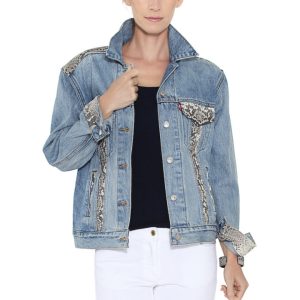 Levi’s® Trucker Jacket embellished with Florida Everglades Burmese Python in Natural . We call him “Clyde”.