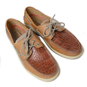 The Sperry Billfish model in Tan embellished with Authentic Alligator Skin in Cognac