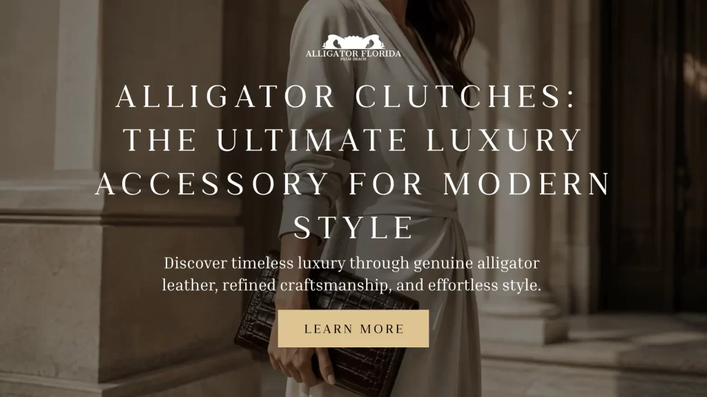 Collection of genuine alligator clutches in different colors showcasing exotic leather texture