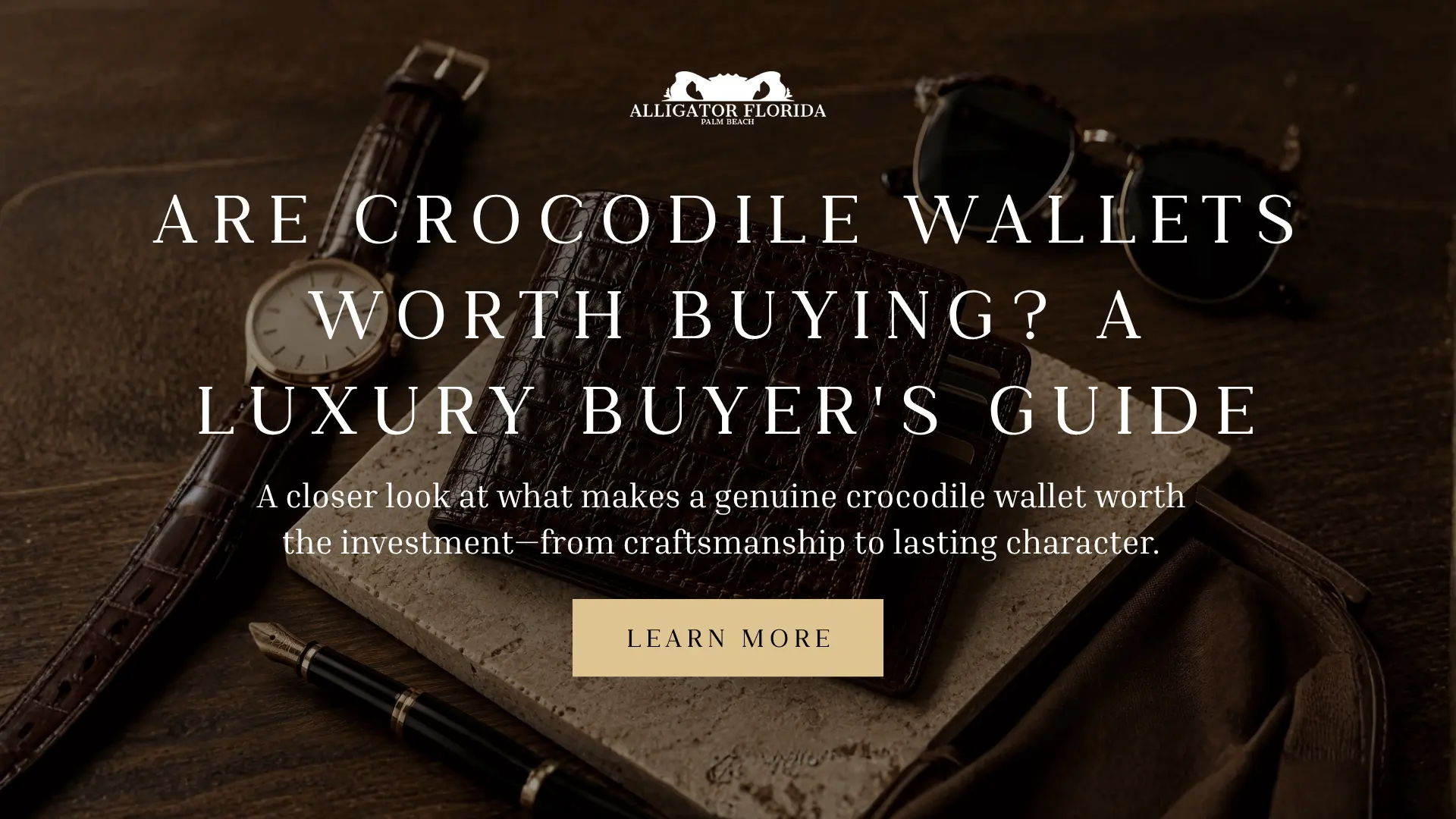 Luxury crocodile wallet displayed with refined accessories in a premium editorial setting