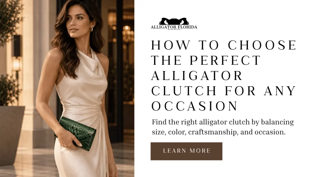 Woman in elegant attire holding a genuine alligator clutch at a luxury entrance