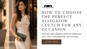 Woman in elegant attire holding a genuine alligator clutch at a luxury entrance