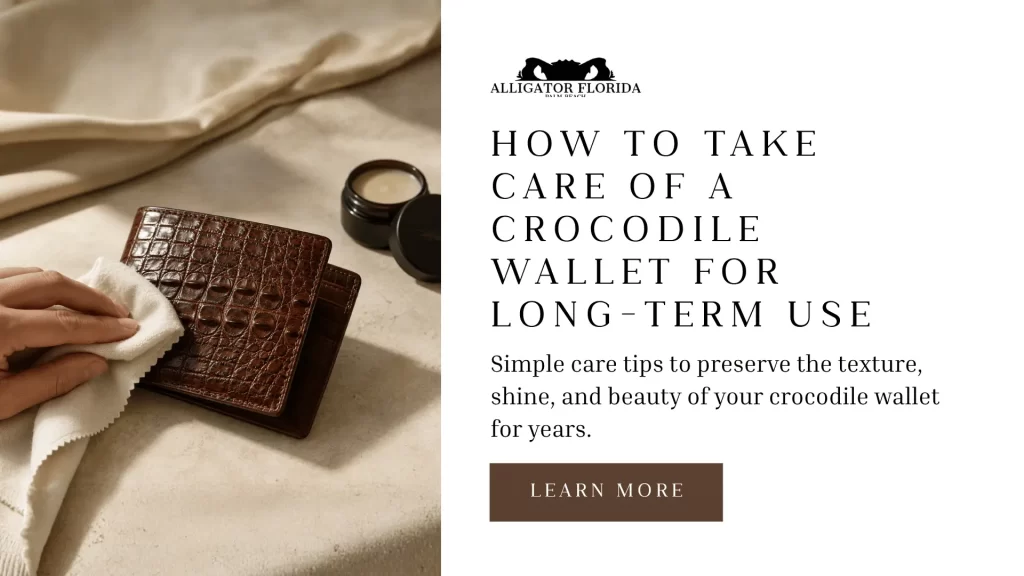 Crocodile wallet with a soft microfiber cloth for gentle leather care and maintenance