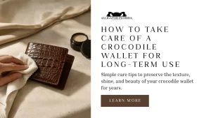 Crocodile wallet with a soft microfiber cloth for gentle leather care and maintenance