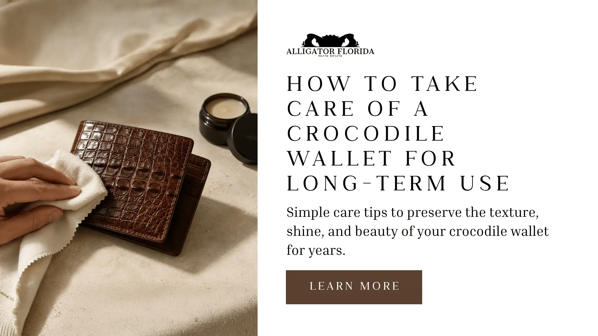 Crocodile wallet with a soft microfiber cloth for gentle leather care and maintenance