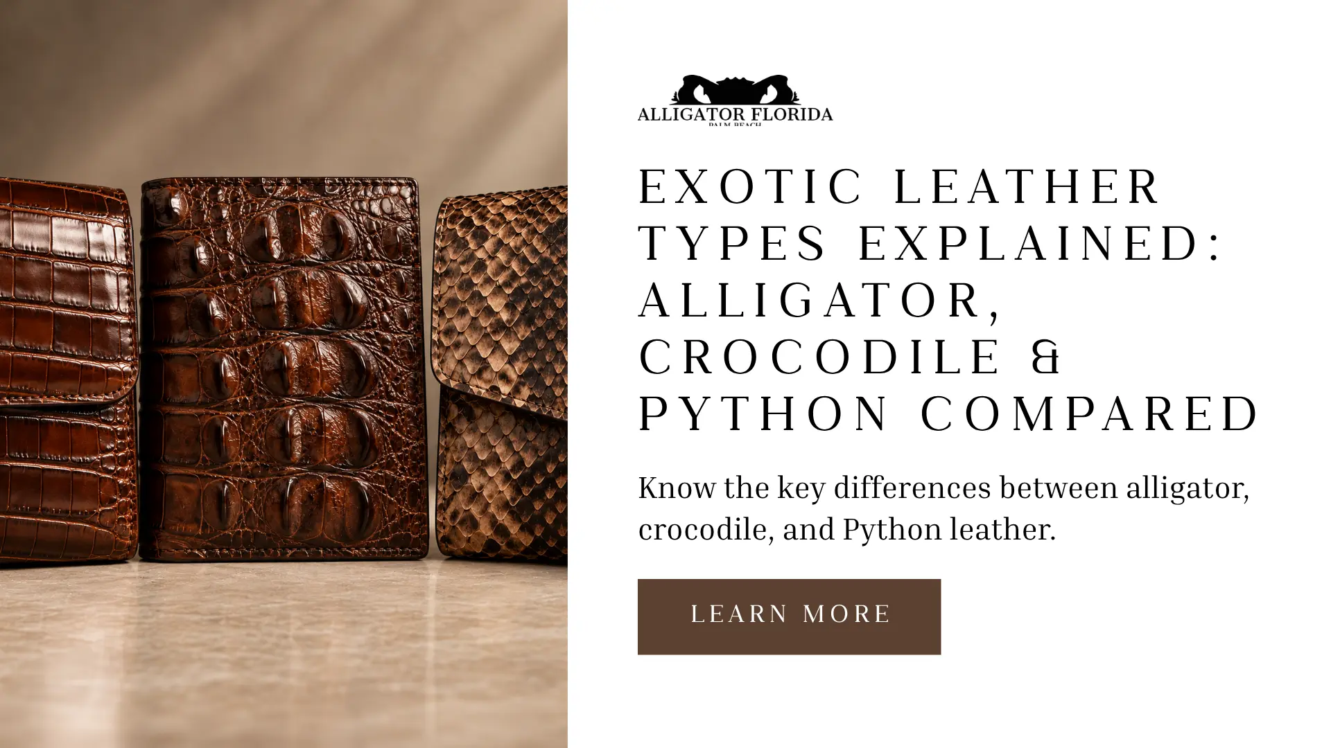 Alligator, crocodile, and Python leather showing their distinctive natural scale patterns
